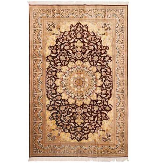 Persischer Seidenteppich handgeknüpft mit Medaillon-Design, cremefarben - Qom