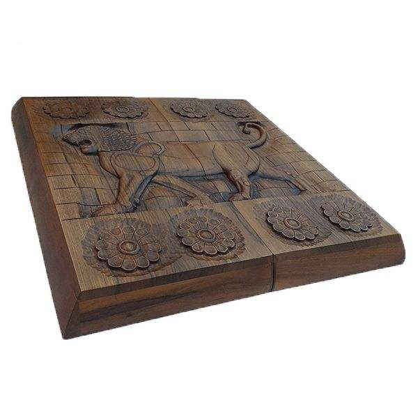 Holzgeschnitztes Backgammonbrett Handgefertigt mit persischem Erbe Löwe