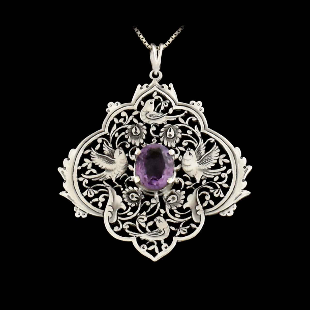 Persischer Gravierter Silberanhänger mit Amethyst-Edelstein