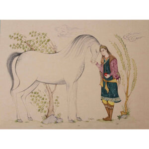 Original persische Miniaturkunstmalerei: Aquarell und Gouache auf Karton – Junge und Pferd