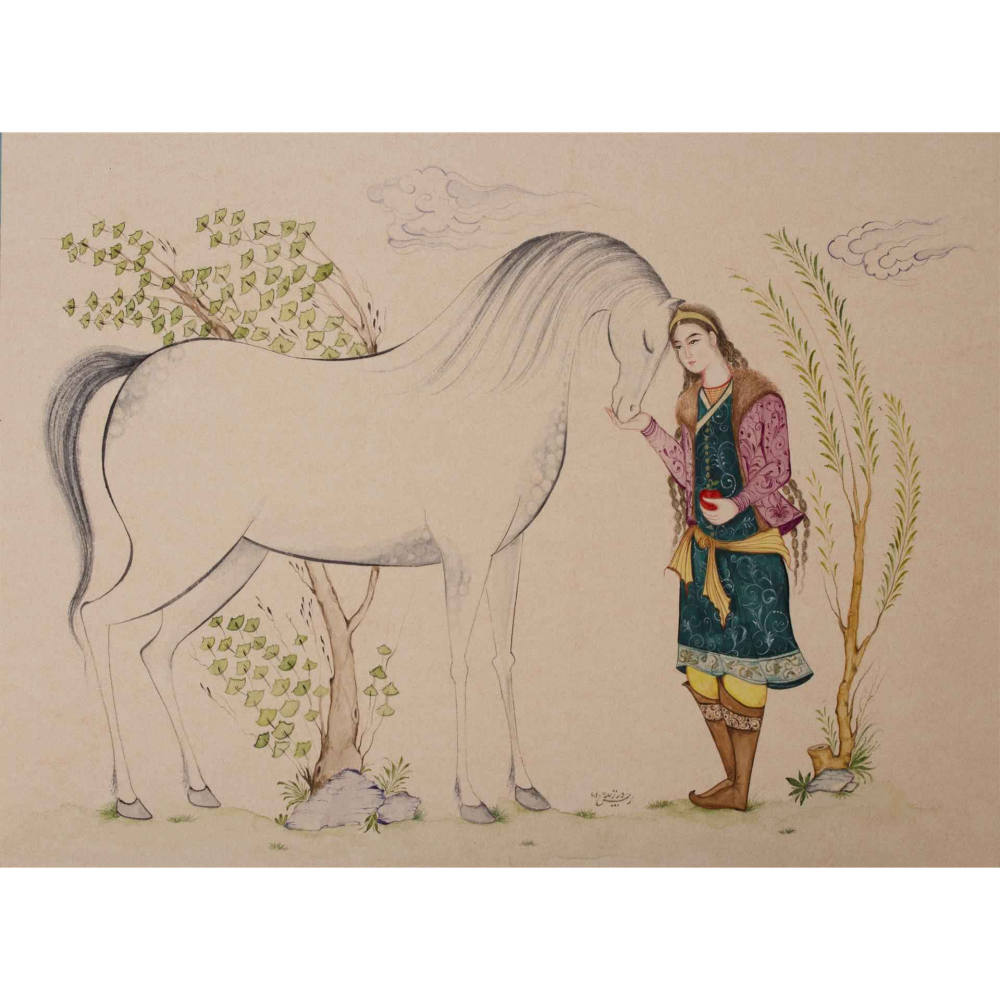 Original persische Miniaturkunstmalerei: Aquarell und Gouache auf Karton - Junge und Pferd