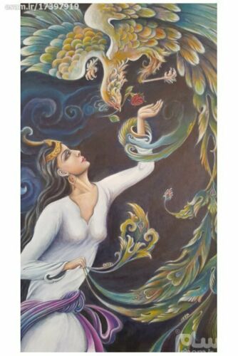 Original persische Miniaturkunstmalerei: Acryl auf Karton – Mädchen und Phönix