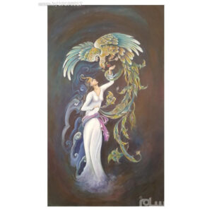 Original persische Miniaturkunstmalerei: Acryl auf Karton – Mädchen und Phönix