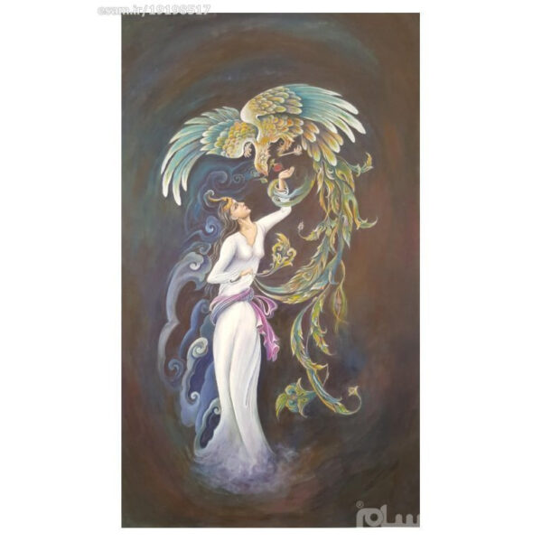 Original persische Miniaturkunstmalerei: Acryl auf Karton - Mädchen und Phönix