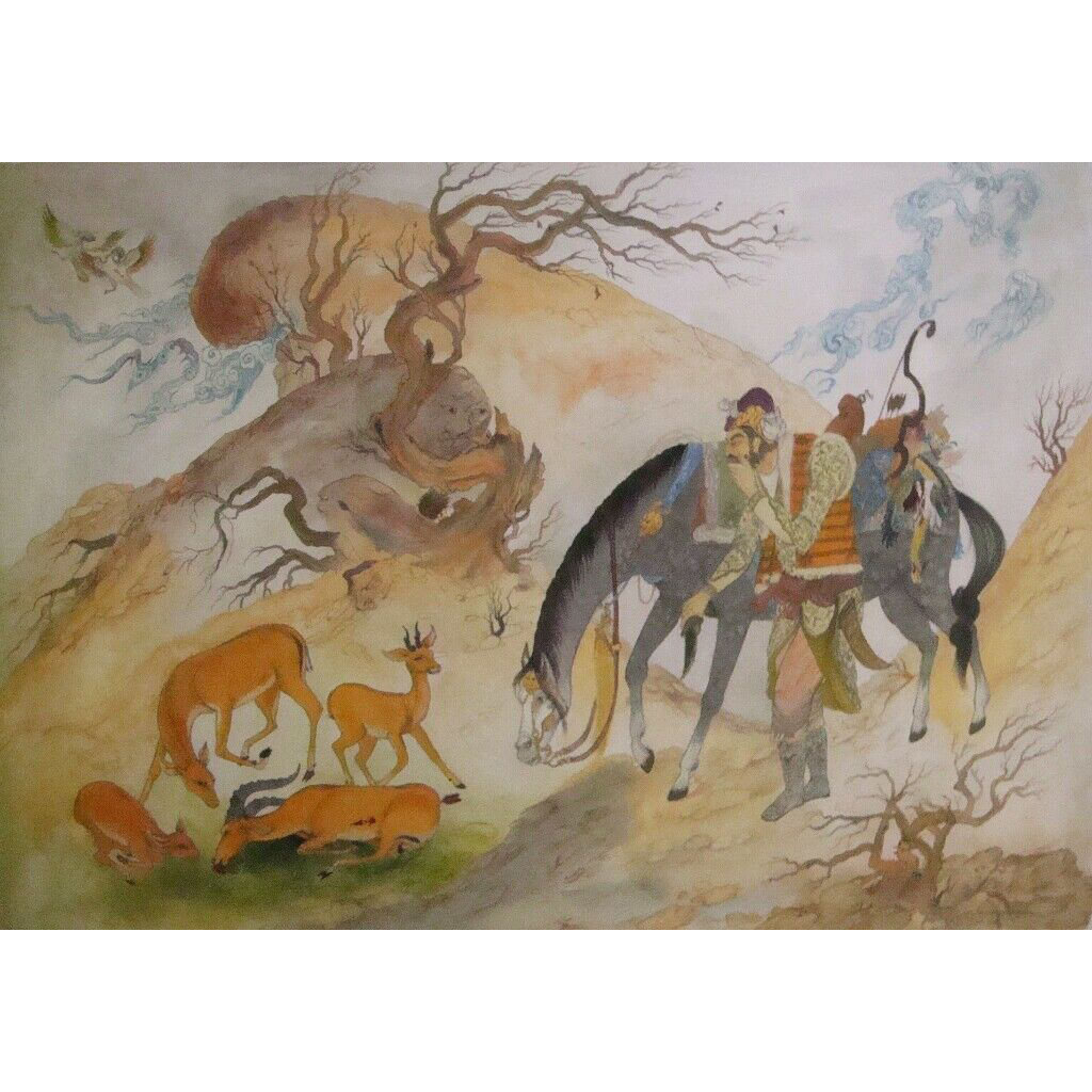 Original persische Miniaturkunstmalerei: Gouache und Aquarell - Jagd