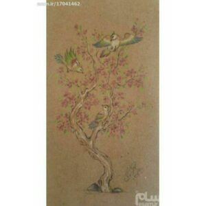 Original persische Miniaturkunstmalerei: Gouache und Aquarell – Baum und Vögel