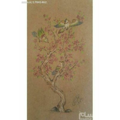 Original persische Miniaturkunstmalerei: Gouache und Aquarell – Baum und Vögel