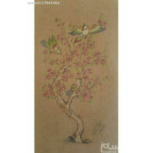Original persische Miniaturkunstmalerei: Gouache und Aquarell - Baum und Vögel