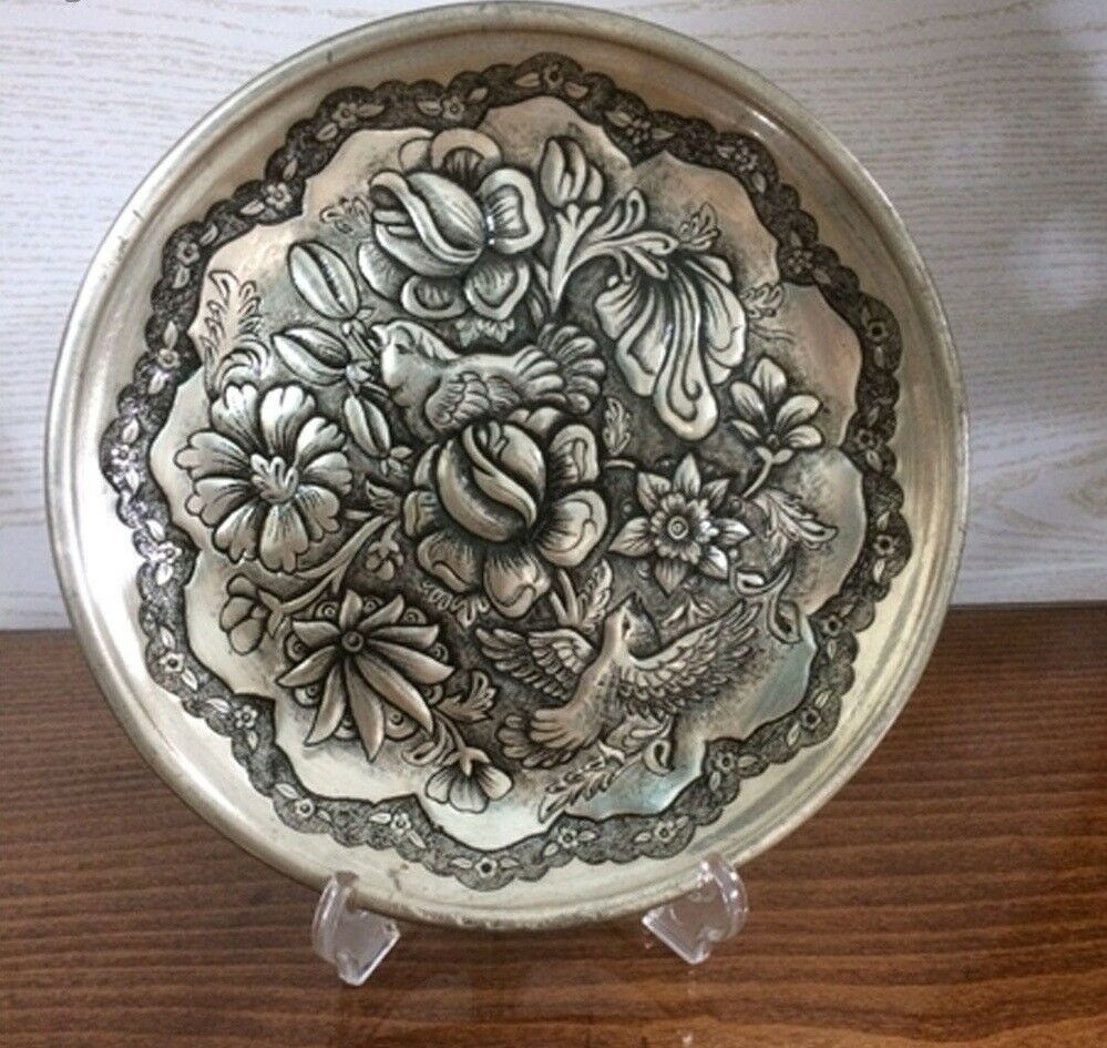 Persischer dekorativer Kupferteller graviert Blumen & Vögel