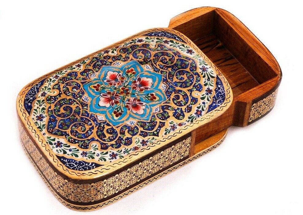 Persische Holz-Spielkarten-Aufbewahrungsbox – Khatam Emaille Paradies