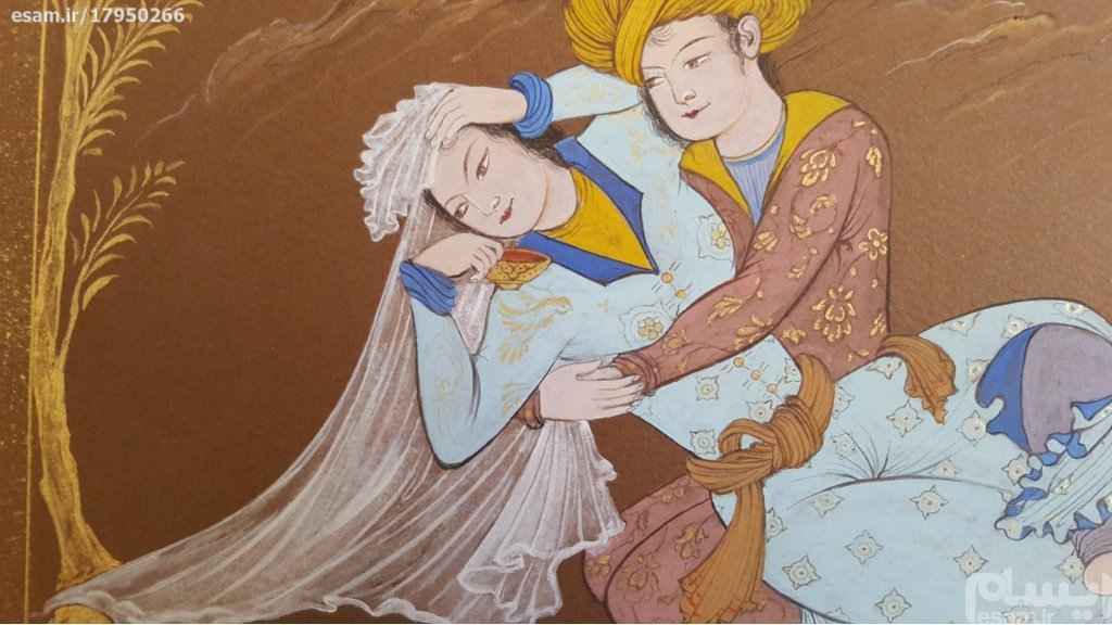 Original persische Safavidische Kunstmalerei: Aquarell und Gouache auf Karton – Layla und Majnun