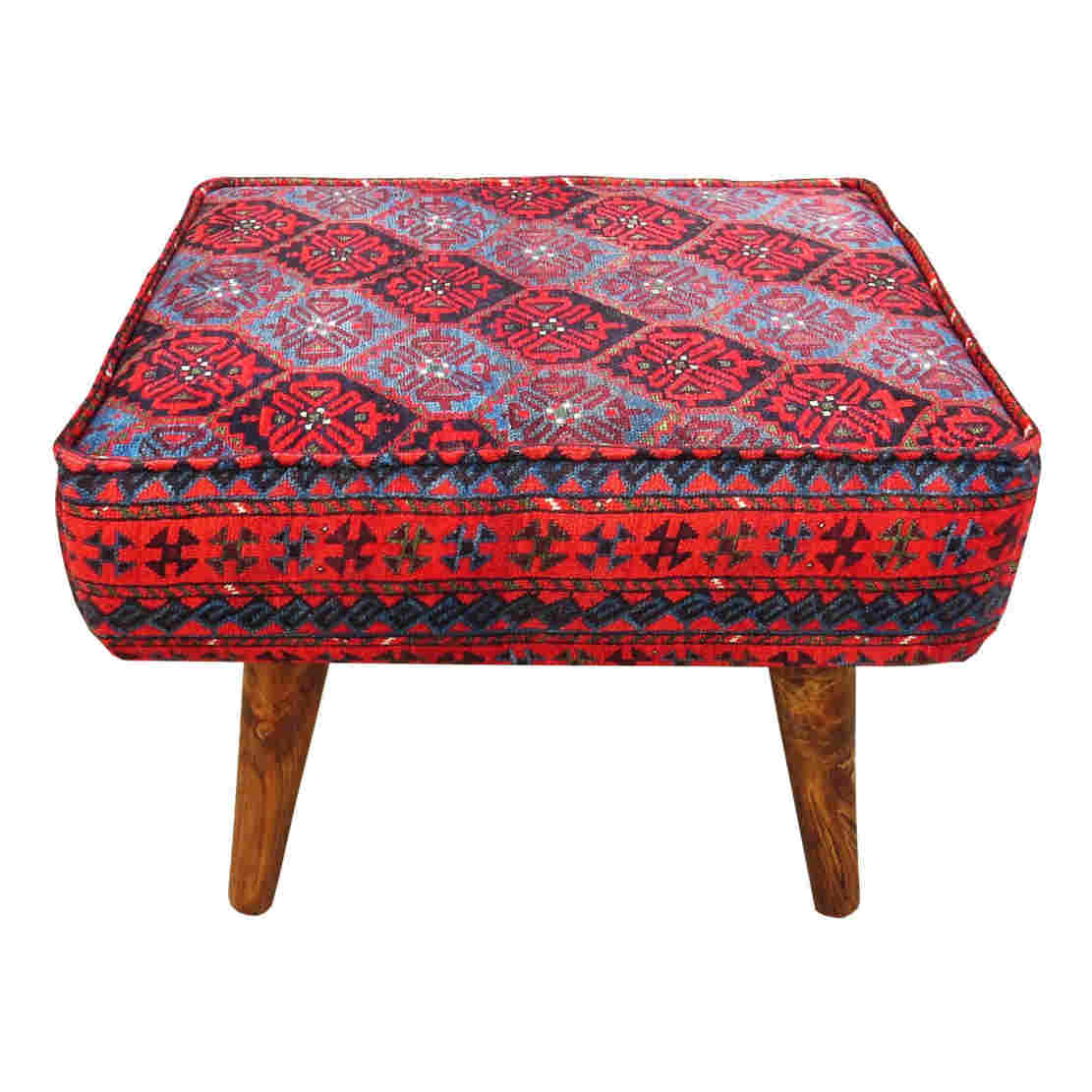 Traditioneller roter persischer Hocker mit Holzbeinen und Samtstoff, MO2