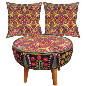 Traditionelles Samt-Hocker & Kissen-Set, inspiriert von persischer Kunst