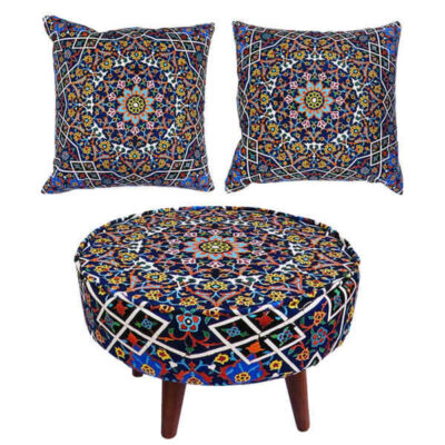 Eklektisches Samt-Hocker & Kissen-Set, inspiriert von persischer Kunst