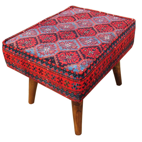 Traditioneller roter persischer Hocker mit Holzbeinen und Samtstoff, MO2