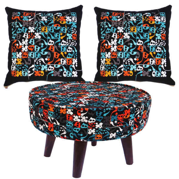 Eklektisches Samt-Hocker & Kissen-Set, inspiriert von persischer Kunst