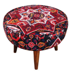 Traditioneller roter persischer Hocker mit Holzbeinen und Samtstoff, Rund Kl