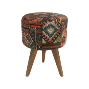 Traditioneller persischer Hocker mit Holzbeinen und Samtstoff, geometrisch
