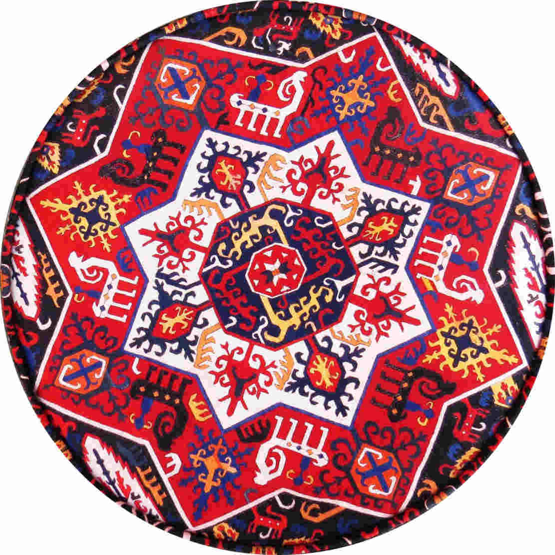 Traditioneller roter persischer Hocker mit Holzbeinen und Samtstoff, Rund Kl