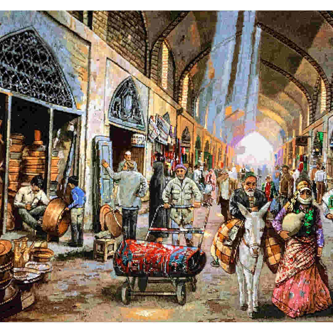 Handgeknüpfter persischer Bildteppich aus Tabriz, der den Basar der Kupferschmiede darstellt