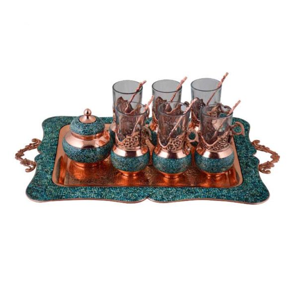 Handgefertigtes persisches Tee- und Kaffeeset aus Kupfer - Türkis eingelegt