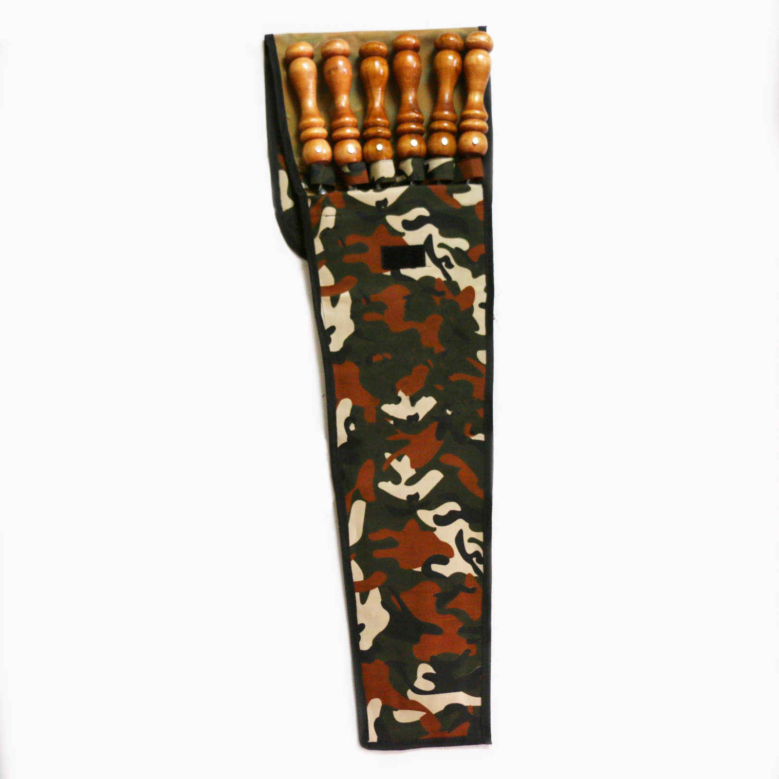 Set aus sechs Stahlspießen mit Holzgriff & Abdeckung für Kebab und Grillen