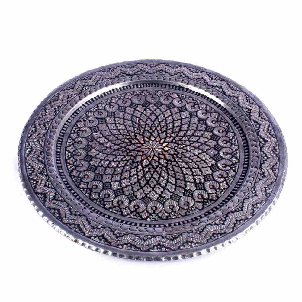 Dekoratives Kupfertablett, handgraviert mit persischem Kunsthandwerk und Sonnenmotiv