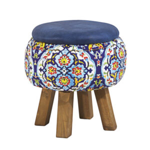 Runder Samt-Hocker mit Holzbeinen, inspiriert von persischer Kunst, Blau