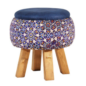 Runder Samt-Hocker mit Holzbeinen, inspiriert von persischer Kunst, Marineblau