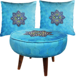 Eklektisches rundes Samt-Hocker & Kissen-Set, inspiriert von persischer Kunst