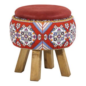 Runder Samt-Hocker mit Holzbeinen, inspiriert von persischer Kunst, Rot