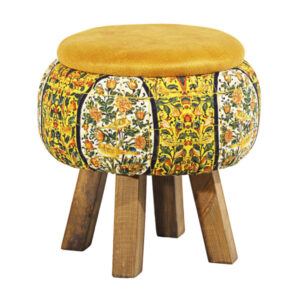 Runder Samt-Hocker mit Holzbeinen, inspiriert von persischer Kunst, Gelb