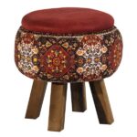 Runder Samt-Hocker mit Holzbeinen, inspiriert von persischer Kunst, Rot