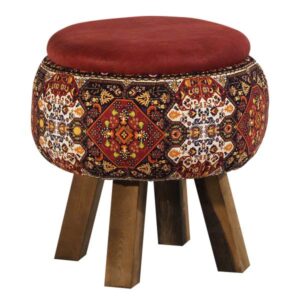 Runder Samt-Hocker mit Holzbeinen, inspiriert von persischer Kunst, Rot