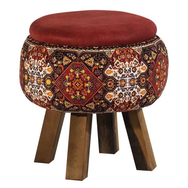 Runder Samt-Hocker mit Holzbeinen, inspiriert von persischer Kunst, Rot