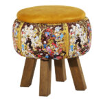 Runder Samt-Hocker mit Holzbeinen, inspiriert von persischer Kunst, Gelb Piktoral