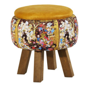 Runder Samt-Hocker mit Holzbeinen, inspiriert von persischer Kunst, Gelb Piktoral