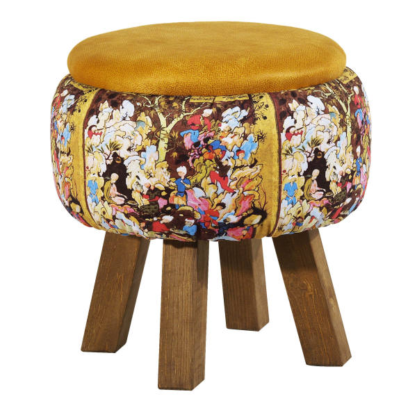 Runder Samt-Hocker mit Holzbeinen, inspiriert von persischer Kunst, Gelb Piktoral