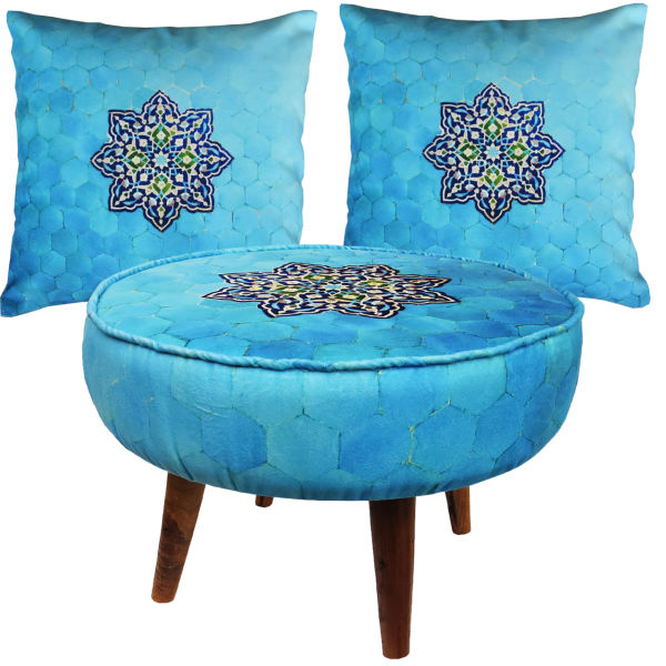 Eklektisches rundes Samt-Hocker & Kissen-Set, inspiriert von persischer Kunst