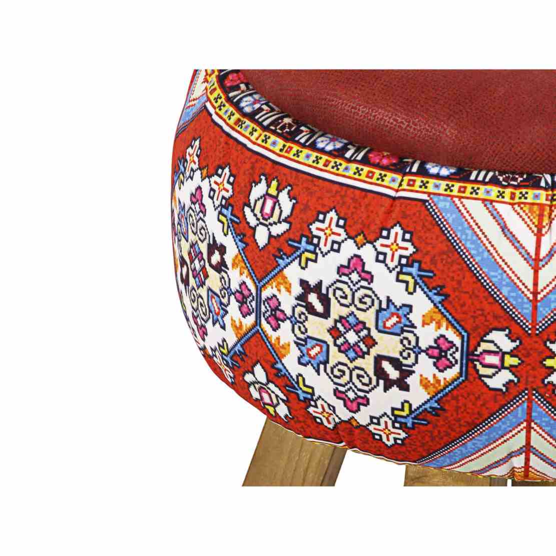 Runder Samt-Hocker mit Holzbeinen, inspiriert von persischer Kunst, Rot