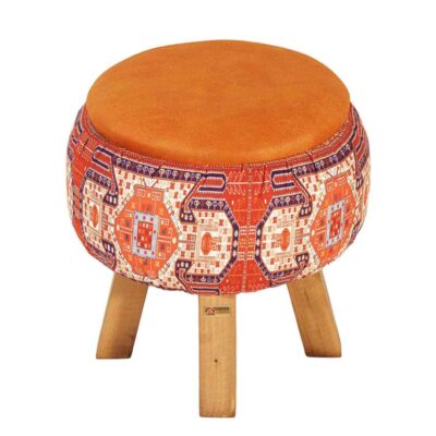 Runder Samt-Hocker mit Holzbeinen, inspiriert von persischer Kunst, Orange