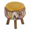 Runder Samt-Hocker mit Holzbeinen, inspiriert von persischer Kunst, Gelb Piktoral
