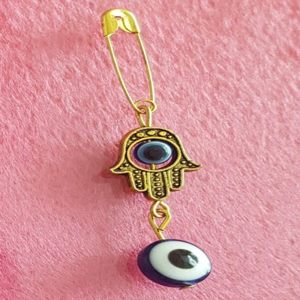 Evil Eye Safety Pin Brooch with Hand Design – Spiritueller Schutz