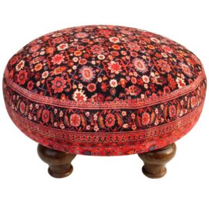 Traditioneller roter persischer Hocker mit Holzbeinen und Samtstoff, Rund