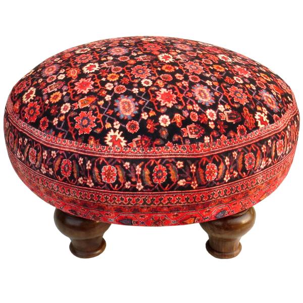 Traditioneller roter persischer Hocker mit Holzbeinen und Samtstoff, Rund