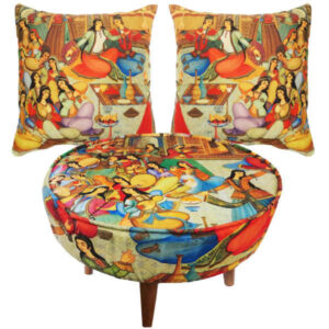 Eklektisches Samt-Hocker & Kissen-Set, inspiriert von persischer Kunst