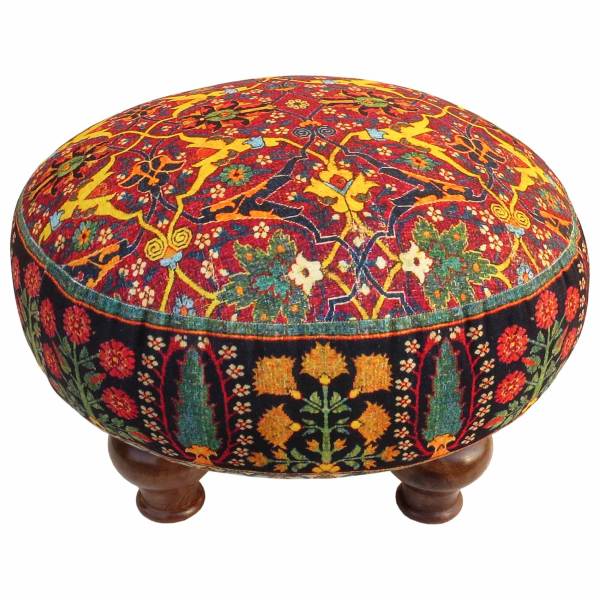 Traditioneller persischer Hocker mit Holzbeinen und Samtstoff, Art