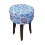 Runder Samt-Hocker, inspiriert von persischer Kunst, Blau Geometrisch