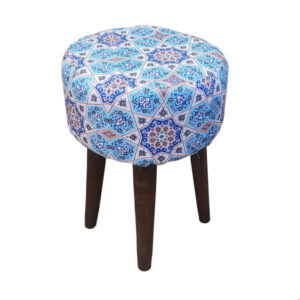 Runder Samt-Hocker, inspiriert von persischer Kunst, Blau Geometrisch