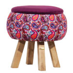 Runder Samt-Hocker, inspiriert von persischer Kunst, Pinke Blumen